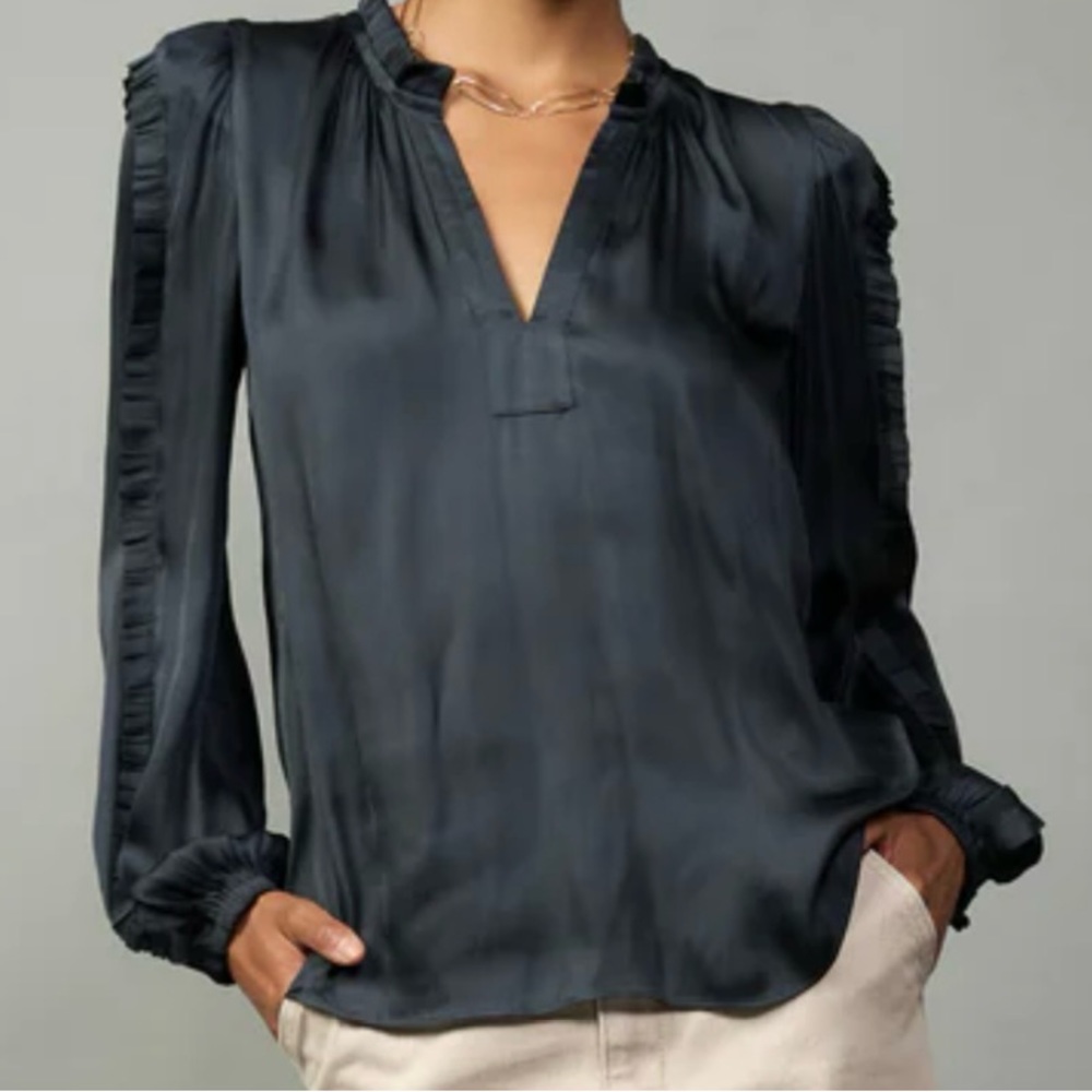 Current Air Ruffle Split Neck Blouse. L. Slate Bl… - image 1
